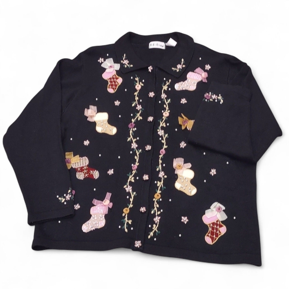 Vtg B.P. Design Embroidered Appliqued Beaded Christmas Sweater Stockings Bows 2X